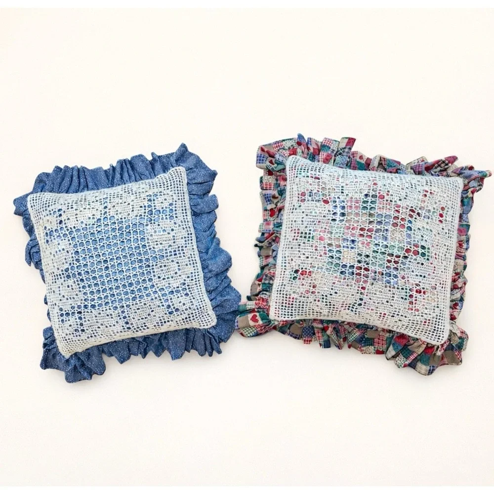 Vintage Handmade Crochet Ruffle Pillow Pair Blue & Patchwork Country Cottage